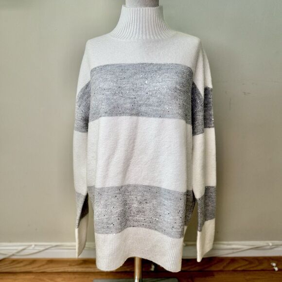 Talbots Women’s Wool Blend Turtleneck Long Sleeve Sweater Sequin Stripe Gray M - Picture 2 of 16